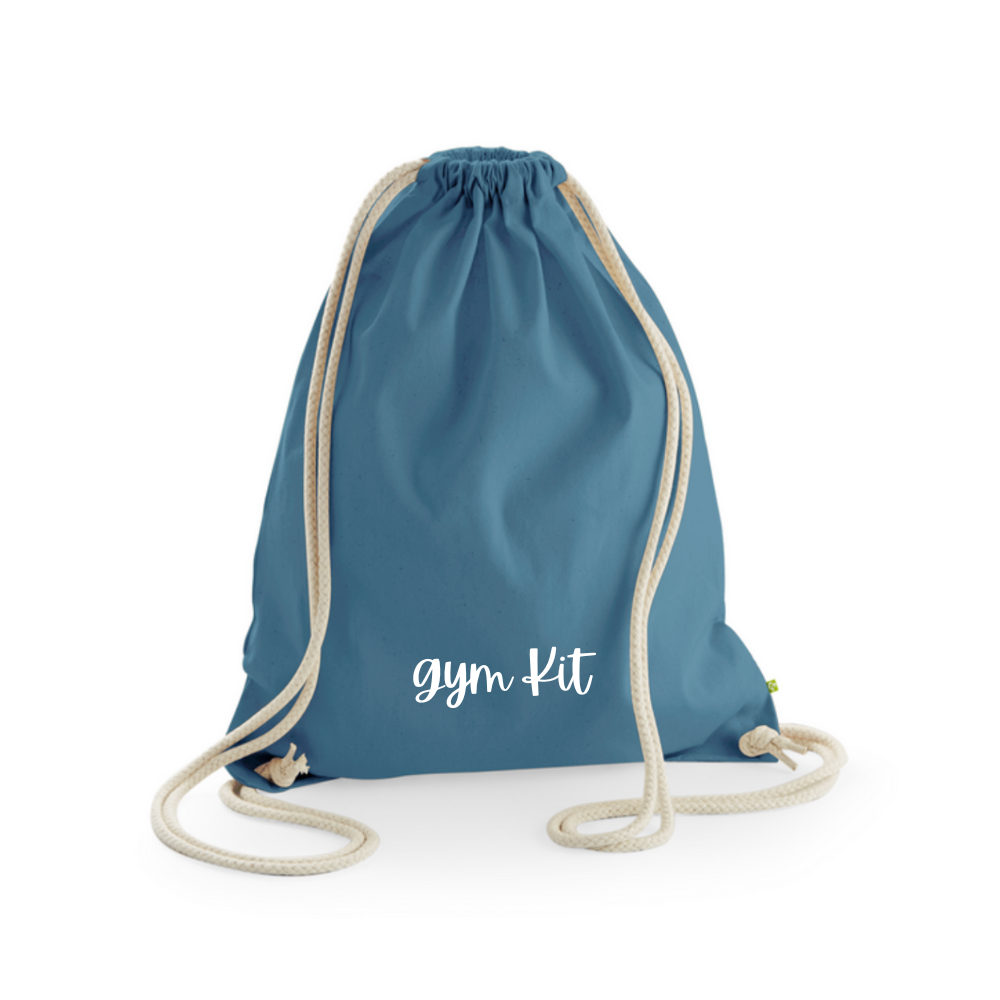 An airforce blue bag with cord drawstring handles, personalised for a child.