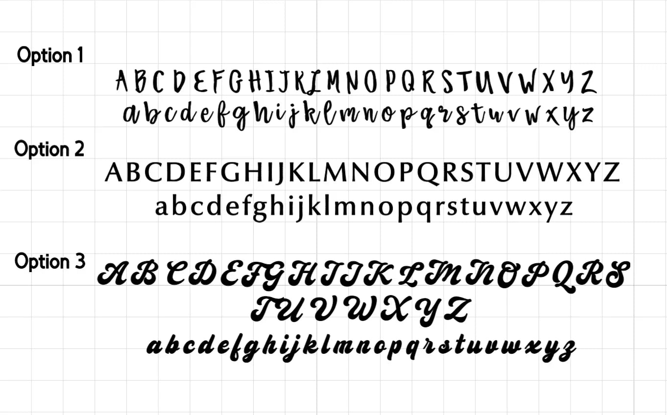 Three font options for personalised bags with uppercase and lowercase alphabet samples.