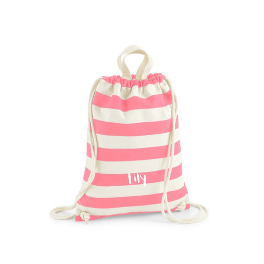 A pink and cream striped drawstring bag with top handles, that can be personalised with a child's name.