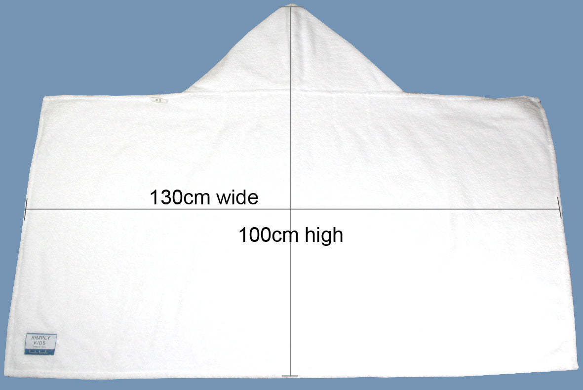 Small hooded towel is 130cm wide and 100 from the top of the hood to the bottom hem