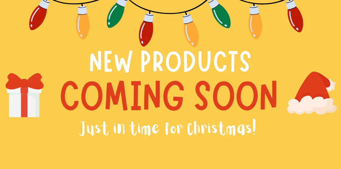 Christmas themed new products coming soon banner with gift box, Santa hat, and string lights
