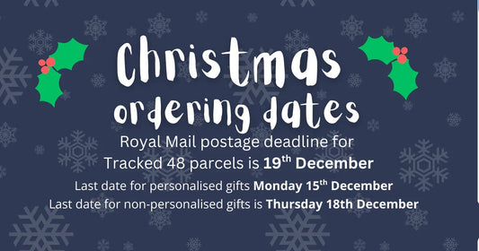 Christmas ordering dates graphic with Royal Mail deadlines, holly, and snowflake background.