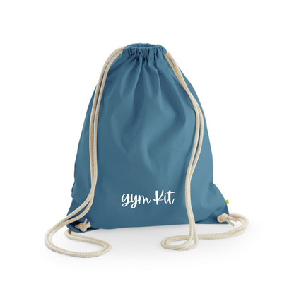 An airforce blue bag with cord drawstring handles, personalised for a child.
