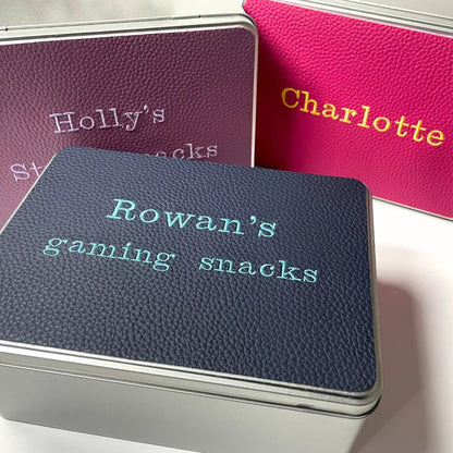 Three personalised keepsake tins, with embroidered tops