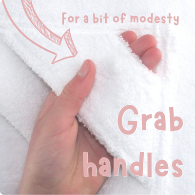 Unique to our Simply for Kids hooded towel design, are two soft toweling grab handles, perfect for helping children wrap the towels around themselves.