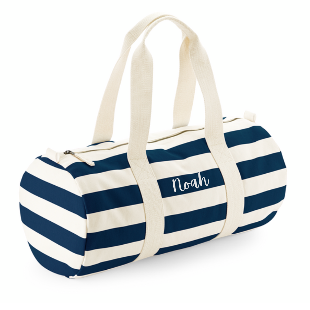 Personalised Barrel Bag for kids with navy blue and cream stripes.