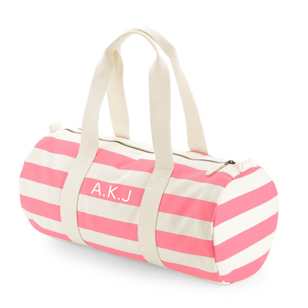 Personalised Barrel Bag for kids with pink and cream stripes