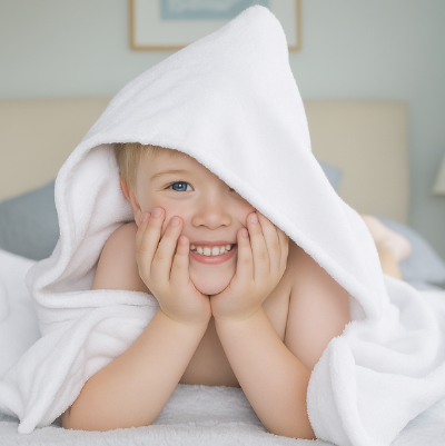 A child on a bed is wearing a Simply for Kids hooded towels for older children between ages 4 and 13+