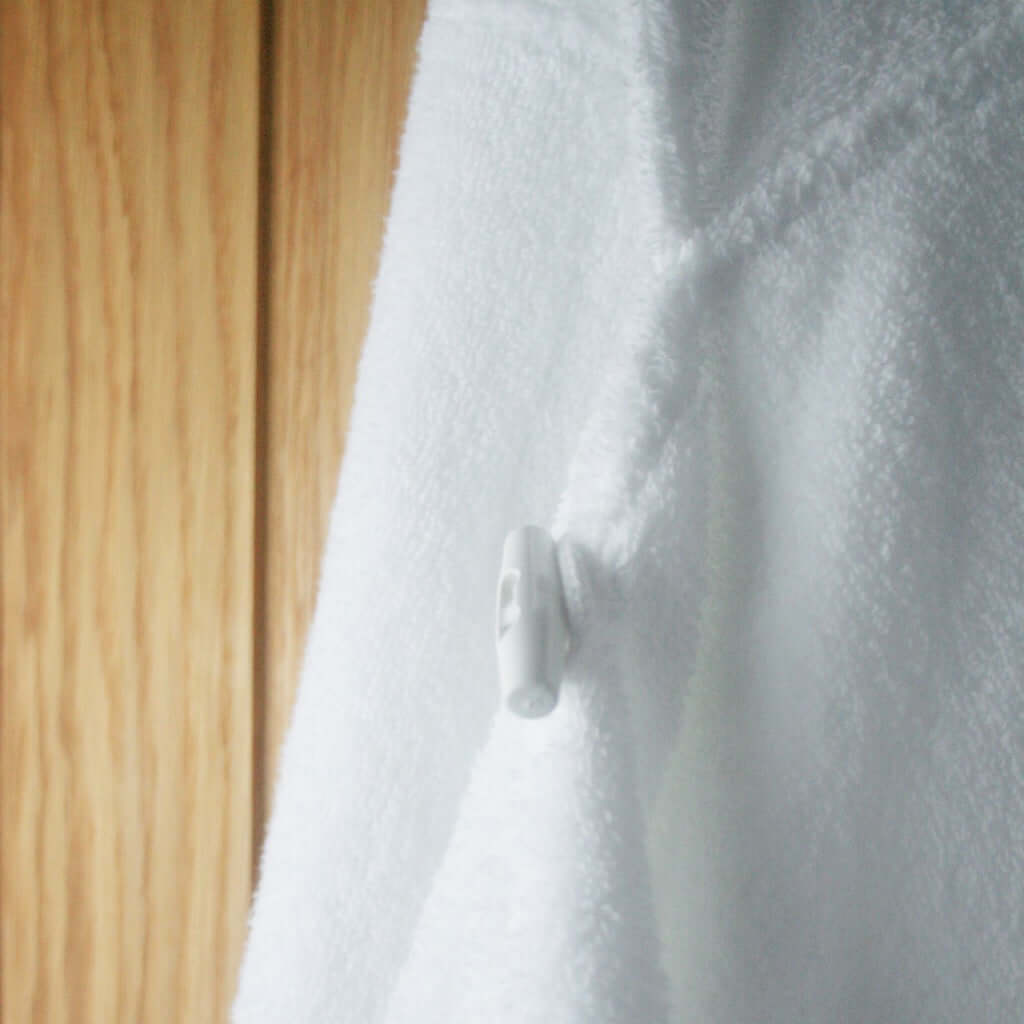 Toggle button close on Simply for Kids hooded towel, for post bath & shower privacy & warmth